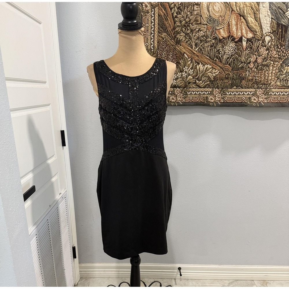 Aidan By Aidan Mattox Dress Womens 10‎ Black Sequin Sheath Sleeveless Cocktail